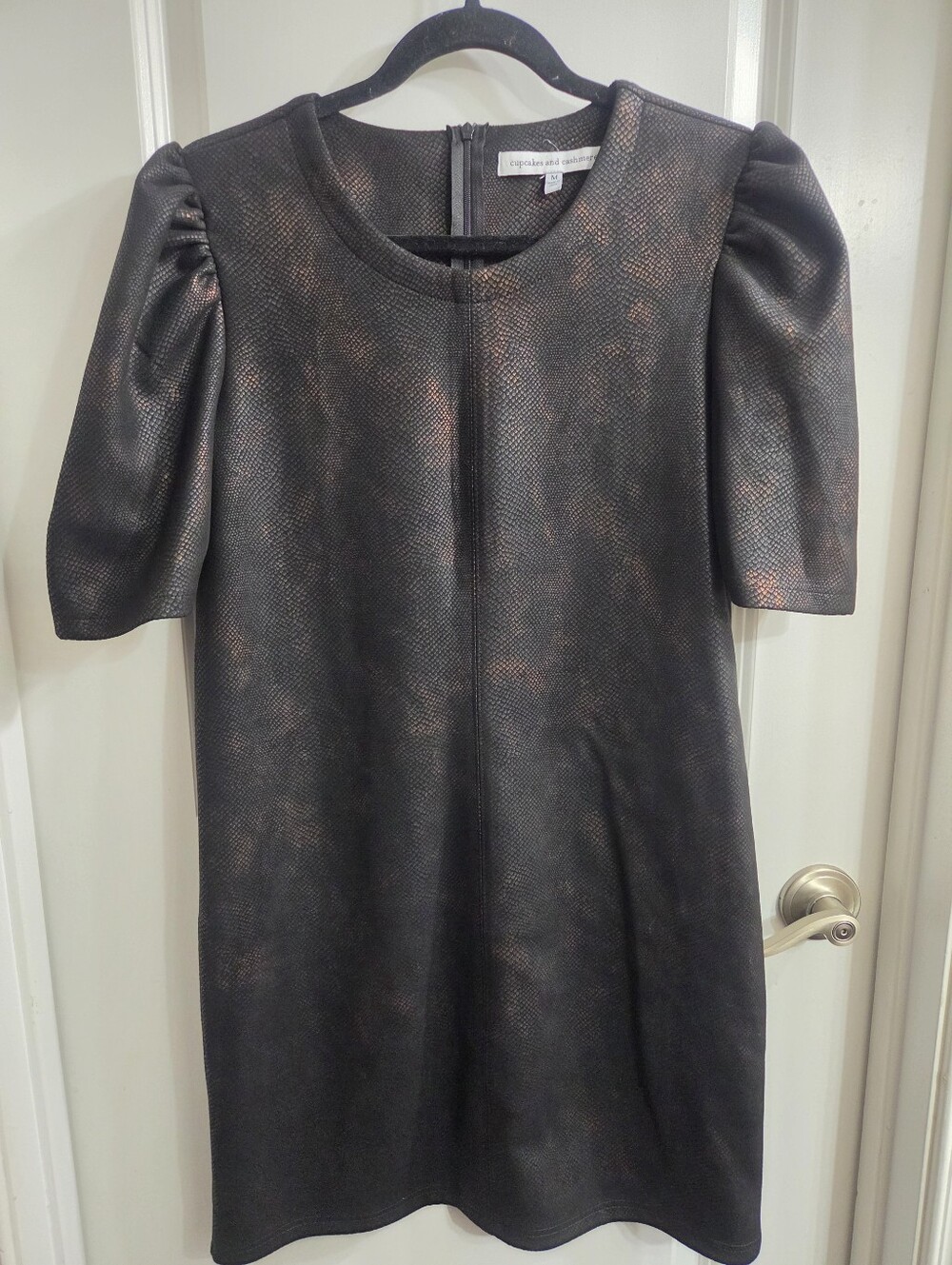 Cupcakes And Cashmere Dress Womens M Black Bronze Puff Sleeve Faux Leather Mini